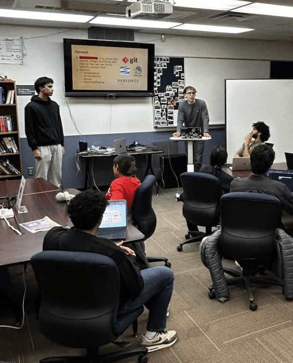 Classroom workshop with slides on screen